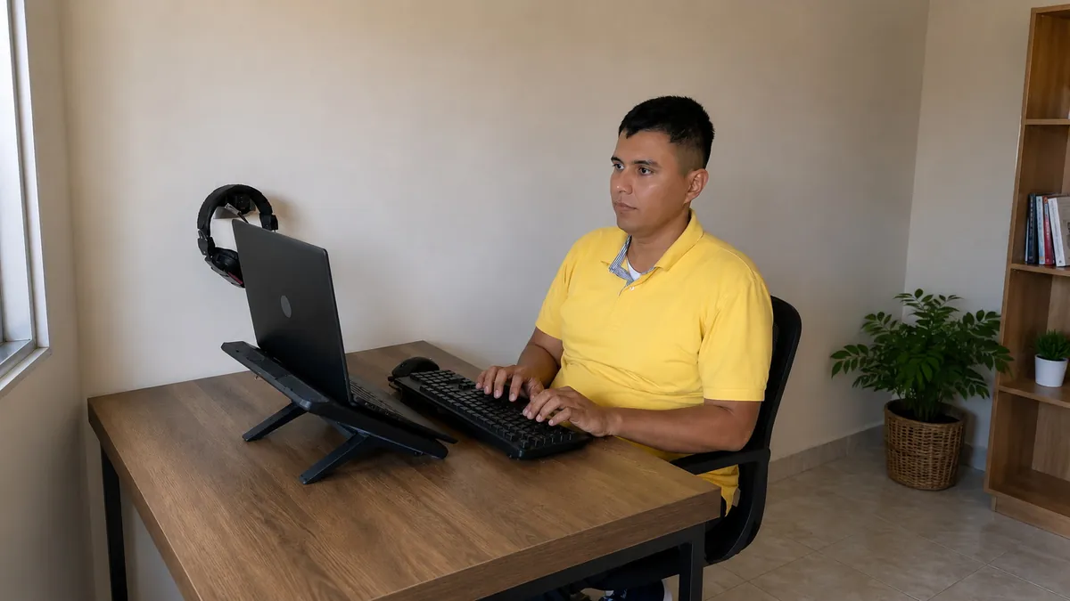Jonathan Arias en su escritorio, trabajando